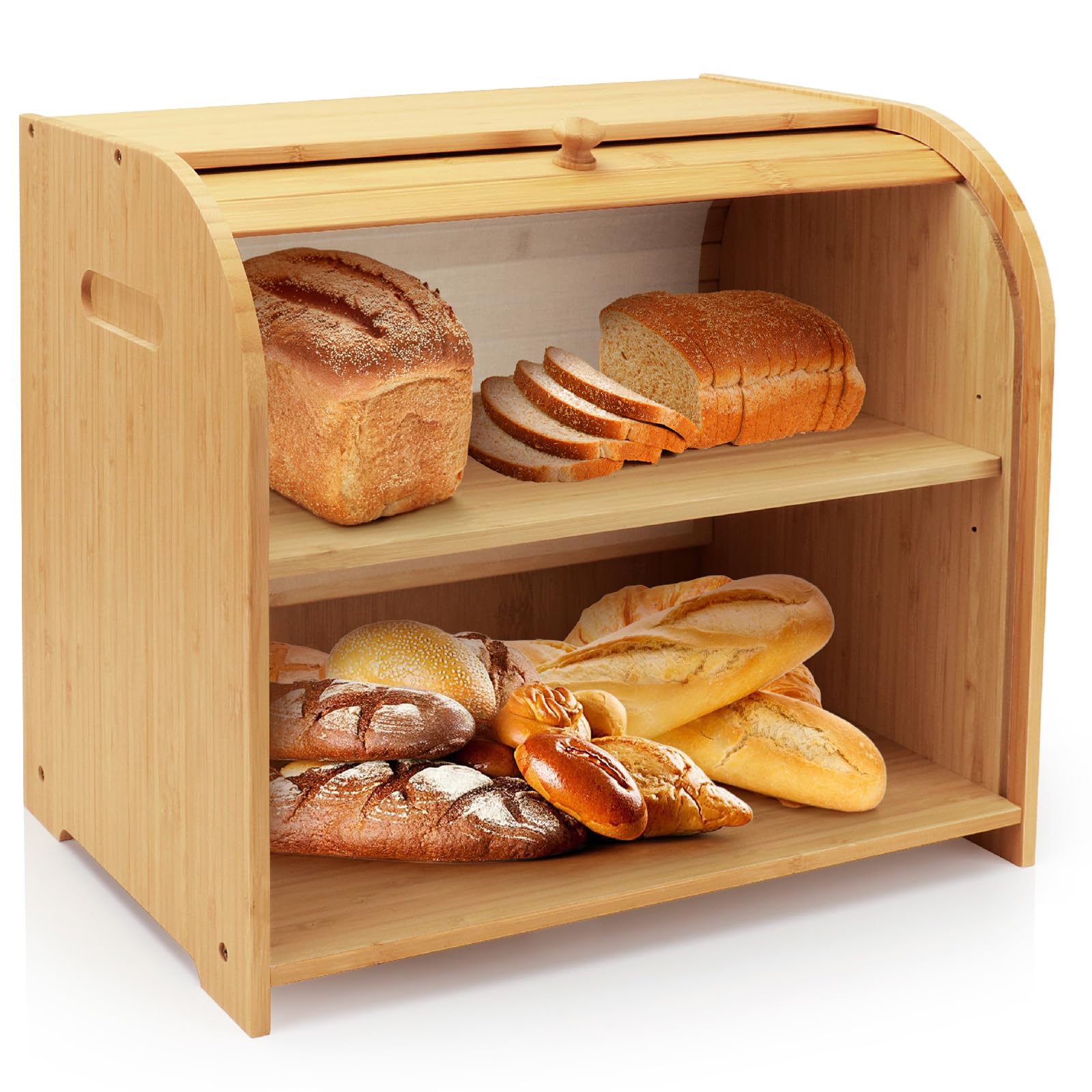 Photo 1 of Thalomely Bread Box for Kitchen Countertop, Double Layer Bamboo Bread Storage Container for Homemade Bread, Roll Top Bread Box with 3 Adjustable Height for Kitchen Counter, Natural Breadbox Organizer