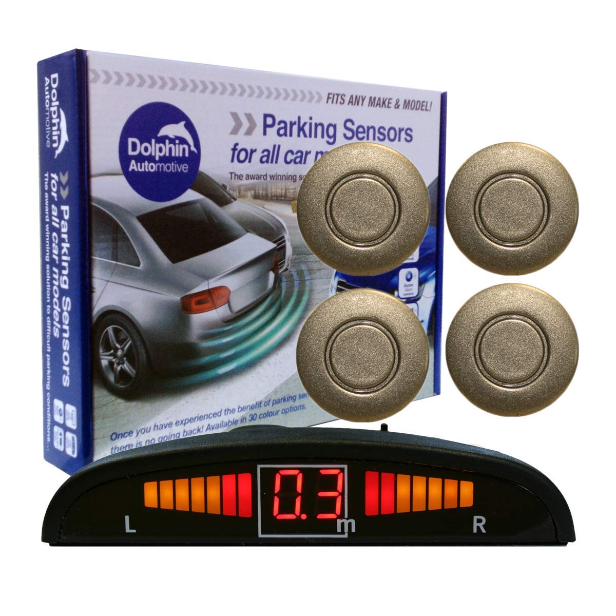 Dolphin Automotive DPS450 Reverse Parking Sensors In 32 Colours 4 Ultrasonic Radar Sensors Kit Audio & Display Alert System - Muddy Grey