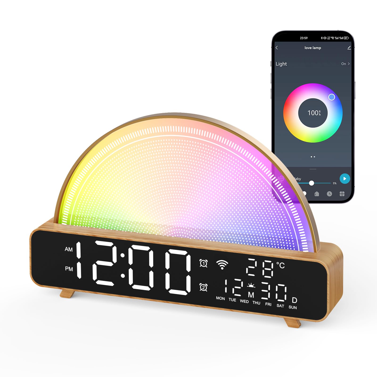 Sunrise Alarm Clock, Wake Up Light with Sunrise Simulation, White Noise Machine, Baby Sound Machine, Multicolor Night Light with 13 Soothing Sounds, Room Thermometer, APP/Touch/Voice Control (Wood)