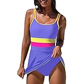 popvil Women One Piece Swimsuit 2026 Tummy Control Bathing Suit Neon Modest Swim Dress with Skirt Full Coverage