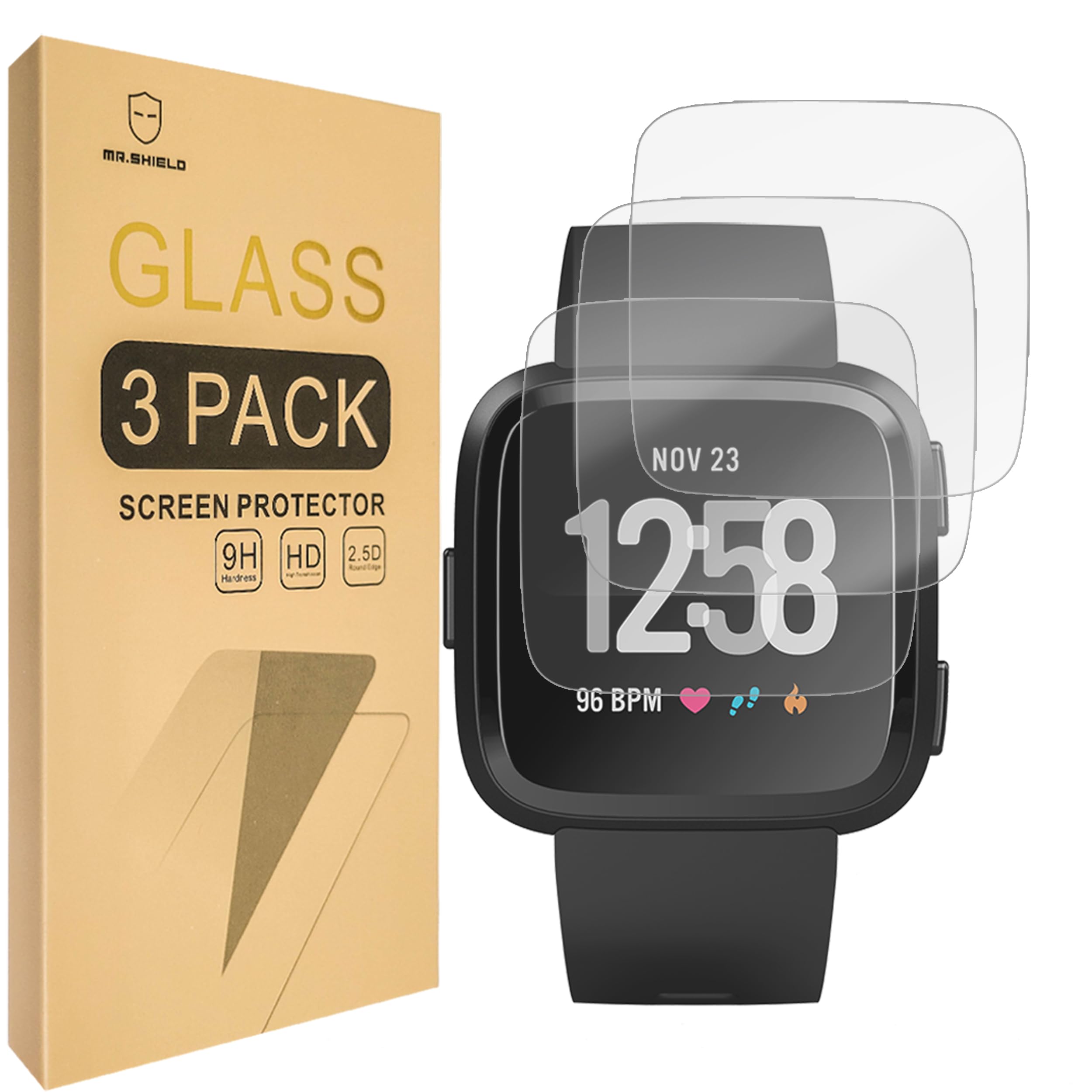 Photo 1 of Mr.Shield [3-PACK] Screen Protector For Fitbit Versa Smart Watch [Tempered Glass] Screen Protector [0.3mm Ultra Thin 9H Hardness 2.5D Round Edge] with Lifetime Replacement