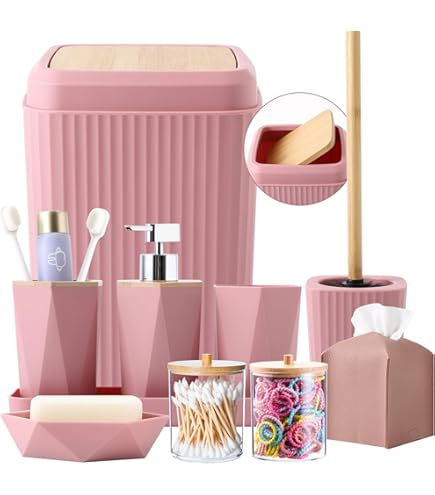 Ensemble Salle De Bain 25 Pièces Rose - Rideau Douche 180x180 Cm, Tapis, Poubelle, Distributeur Savon, Serviettes…