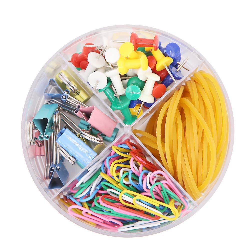 Gino 4-in-1 Round Box Stationery Set with 10 Binder Clips, 45 Rubber Bands, 100 Paper Clips, 50 Pushpins, Total 205 Pcs Material, Suitable for Office, Home, School Use