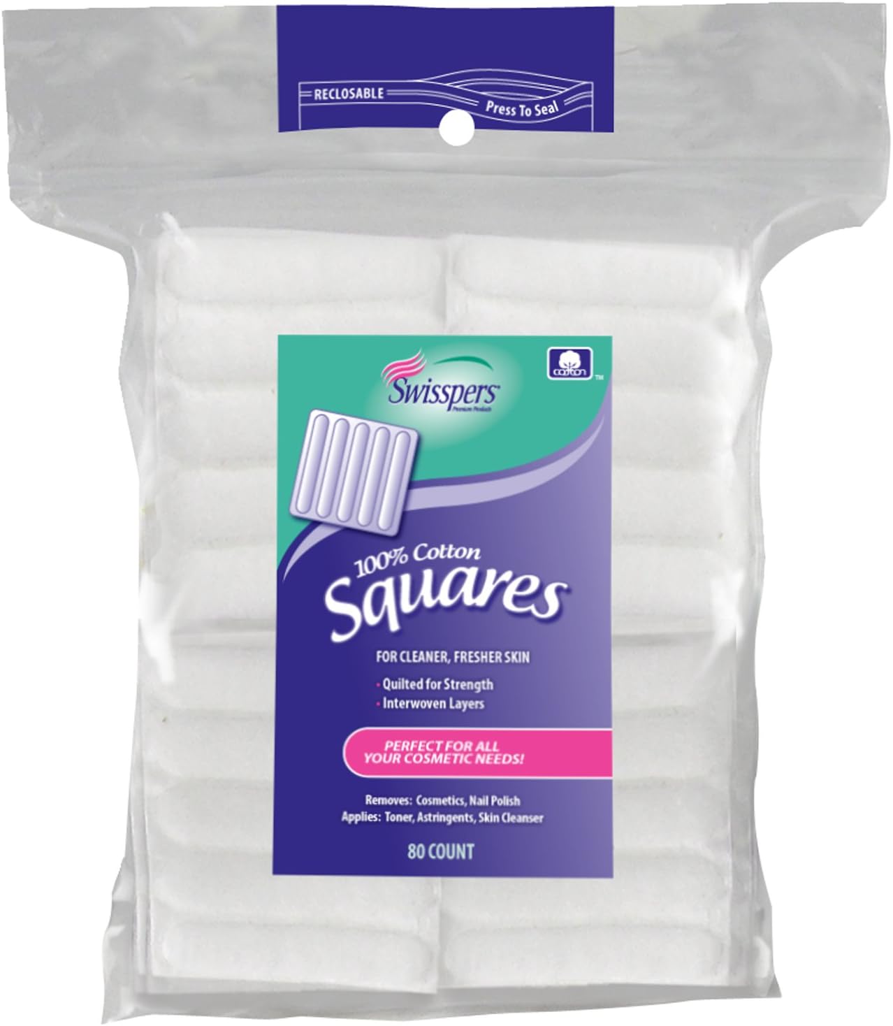 Swisspers Cotton Squares, 100% Cotton Quilted for Strength, Reclosable Pouch, 80 Squares per Pack, Case of 24 Packs (1,920 Total)