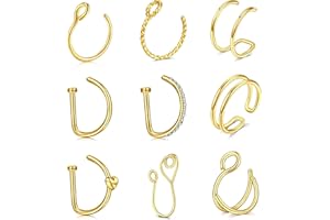 QWALIT Fake Nose Ring Gold Fake Septum Ring Hoop Silver Faux Septum Piercing Clip on Lip Ring Stick on Nose Stud Non Piercing Ear Earring Cuffs Gold Lip Cuff Non Pierced