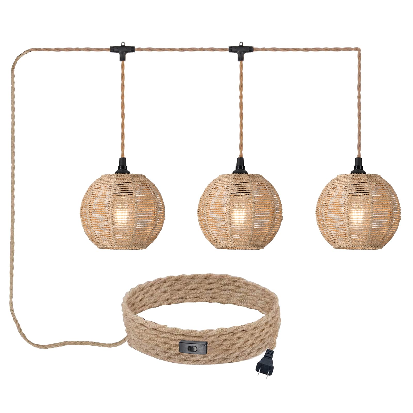 Photo 1 of ALAISLYC 3 Lights Plug in Pendant Light with Cord On/Off Switch Rattan Hanging Lamp with 22ft Hand Woven Wicker Plug in Chandelier Boho Hanging Lights Fixture for Bedroom Kitchen Hallway Foyer