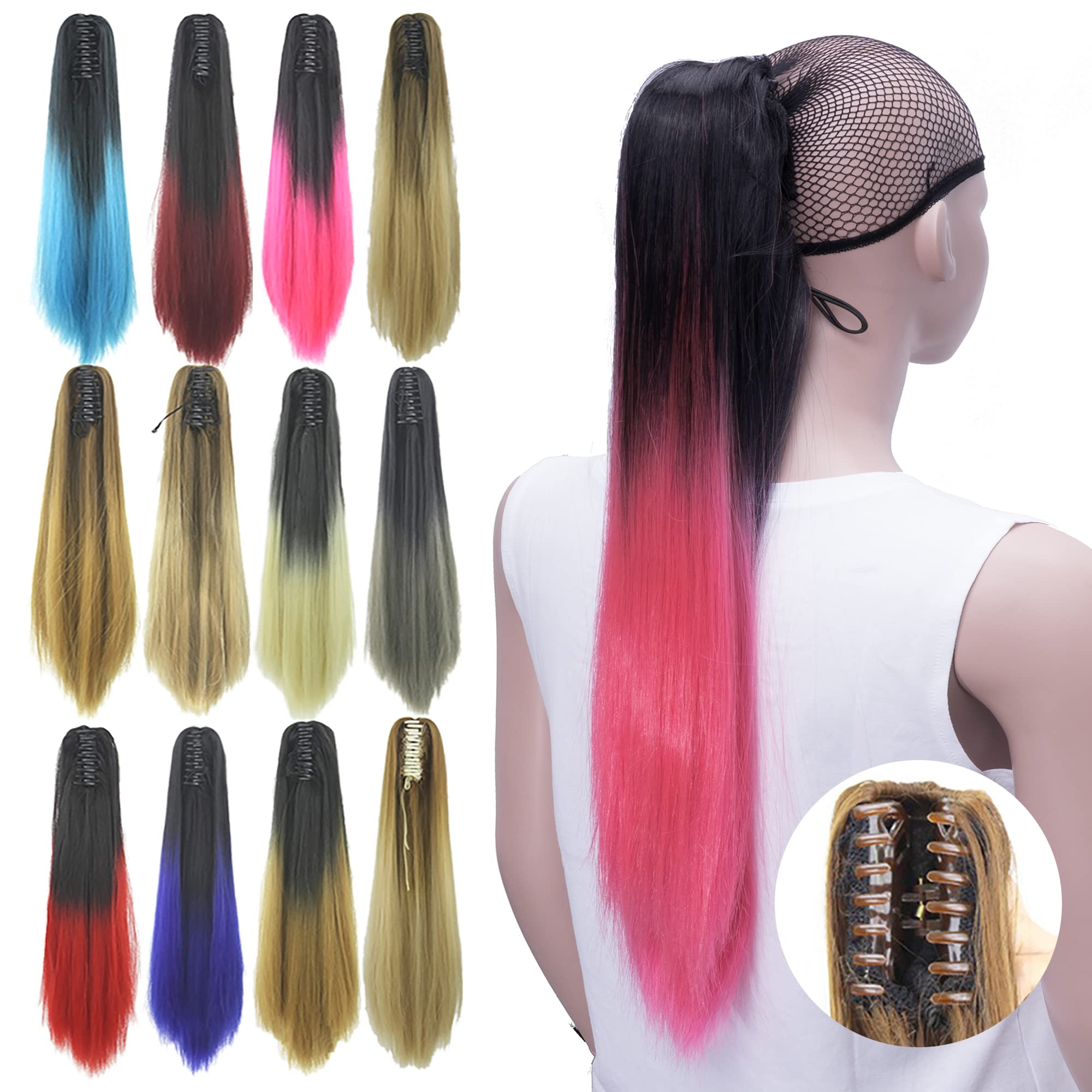 IMISSU Straight Clip on Hairpiece Extensions Pony Tail Clip Claw Ombre Ponytail Hair Pieces (Ombre Pink)