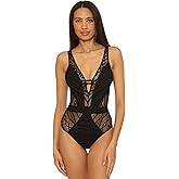 Becca Color Play - Women's One Piece Swimsuit, Plunge Neck, Crochet, Bathing Suits for Women, Black, Small