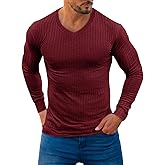 Yousify Mens V Neck Shirts Long Sleeve Casual Ribbed Slim Fit Shirt Muscle Athletic Gym Lightweight Tops