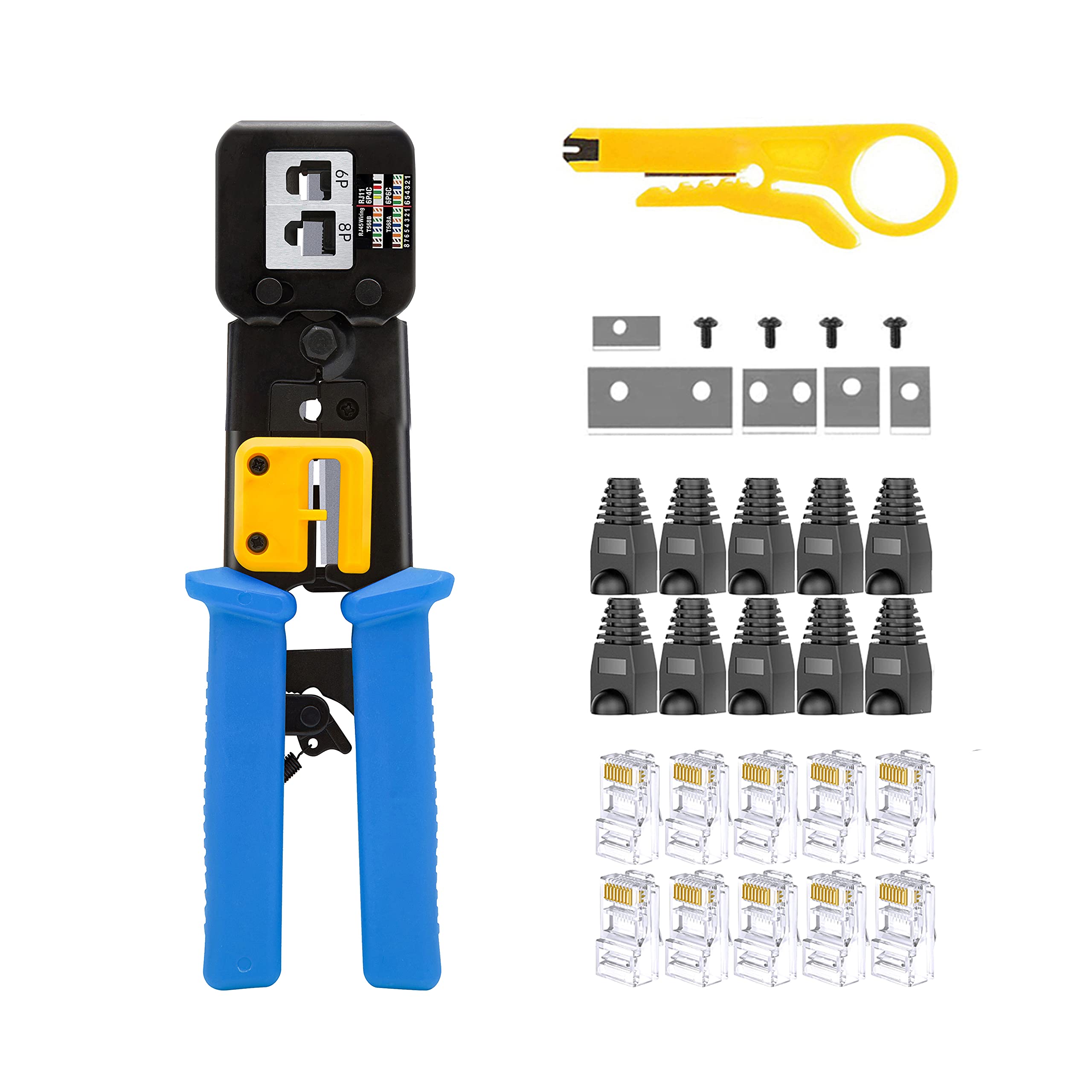 MAYLINE RJ45 Crimp Tool Kit CAT5 CAT6 Ethernet Crimping Tool Pass Through, RJ11, 6P/8P Crimp, LAN Wire Cutter Stripper Tool with 10PCS RJ45 Crimper Connectors(Blue)