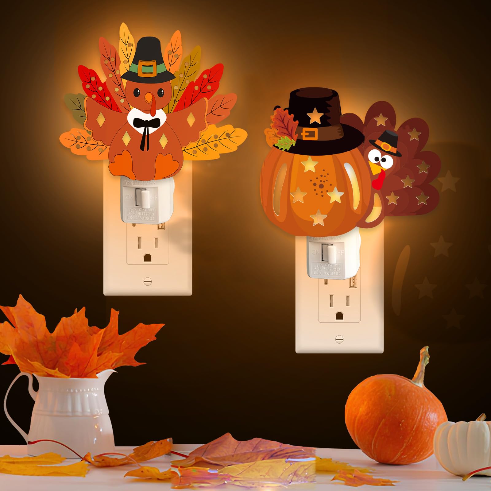 Photo 1 of 2 Pack Thanksgiving Turkey Night Light Plug into Wall Turkey Lamp Decor Gifts Soft LED Illumination for Home Hallway Stairway Kitchen Corridor Fall Thanksgiving Decoration