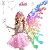 Princess Dress up Costume with Electric Fairy Wings for Girls 3-8, Light Up Moving Butterfly Wings with LED Lights&amp;Music, Christmas Birthday Gift Princess Dresses with Crown/Wand/Bracelets/Necklaces
