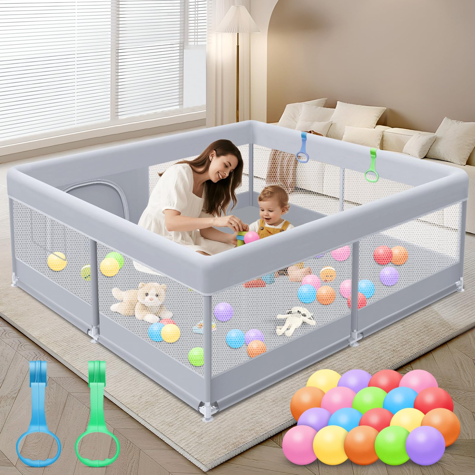 Photo 1 of XVISHX Baby Playpen 50 x 50 Inch Play Pen Playards, Playpen for Babies and Toddlers, Baby Playard for Indoor & Outdoor Active Center Game Fence, with Skin-Friendly Fabric and Soft Breathable Mesh Grey