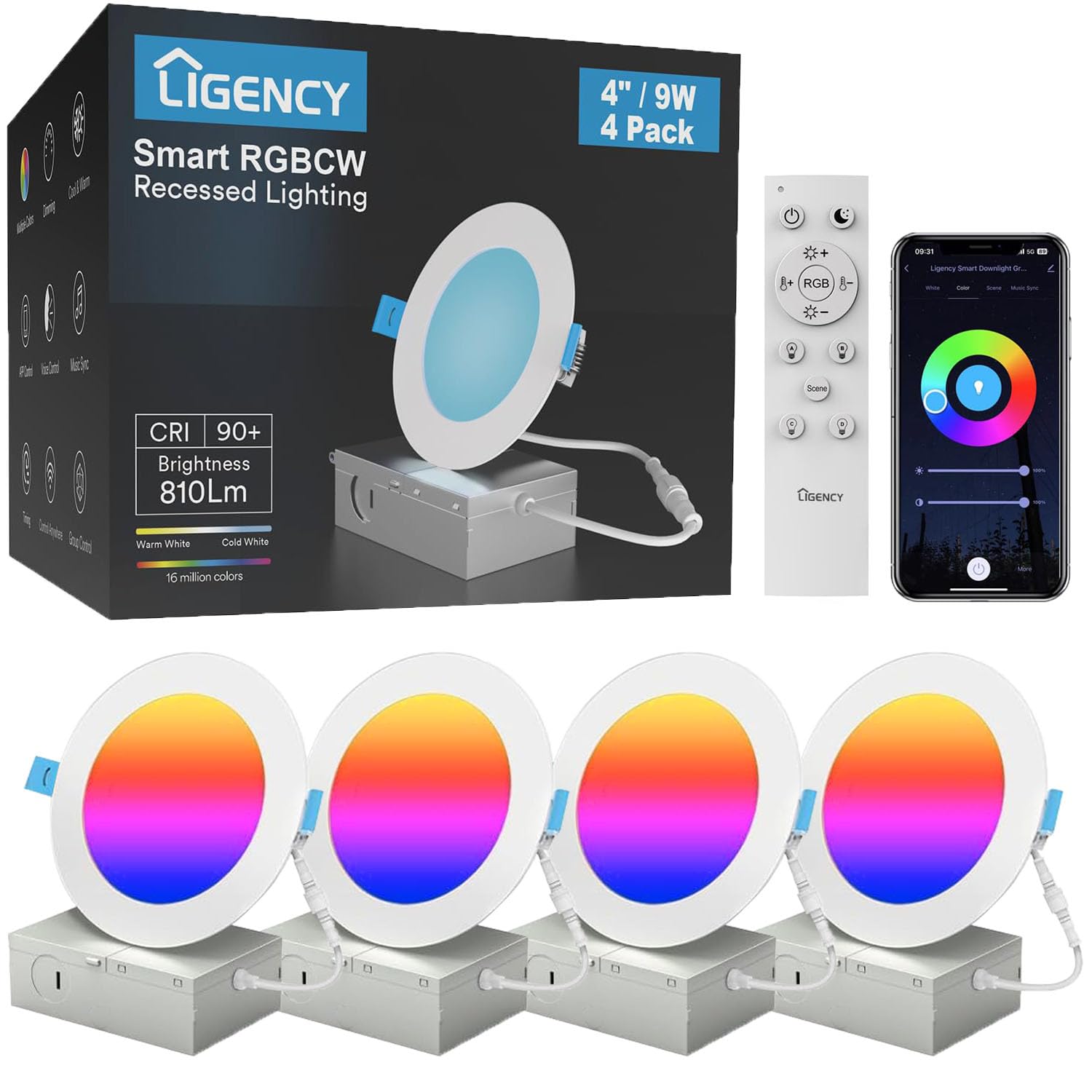 Photo 1 of Ligency Smart Recessed Lighting 4 Inch, 9W Ultra-Thin Wi-Fi LED Downlight RGBCW Color Changing Ceiling Light Compatible with Alexa & Google Assistant with Junctio Box, 810 Lumen, 4-Pack