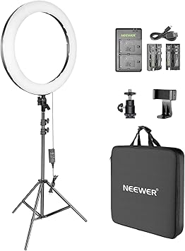 Amazon Neewer インチledリングライト バッテリーとusb充電器付属 室外撮影便利 調光可能 44w 30k 5600k 無階段調整 352個省エネled電球 連続照明 自撮り メイクアップ Web会議 Youtube Tiktok動画撮影用 黒 定常光ライト 通販