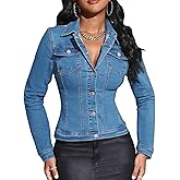 EZAPINE Women Cropped Denim Jacket Lapel Button Down Long Sleeve Slim Fitted Stretchy Short Jean Jacket with Pockets