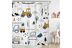 Riyidecor Construction Truck Shower Curtain for Bathroom Decor 72Wx72H Cartoon Excavator for Boys Kids Machinery Navy Blue Yellow Toddler Art Printed Fabric Polyester Waterproof 12 Pack Plastic Hooks