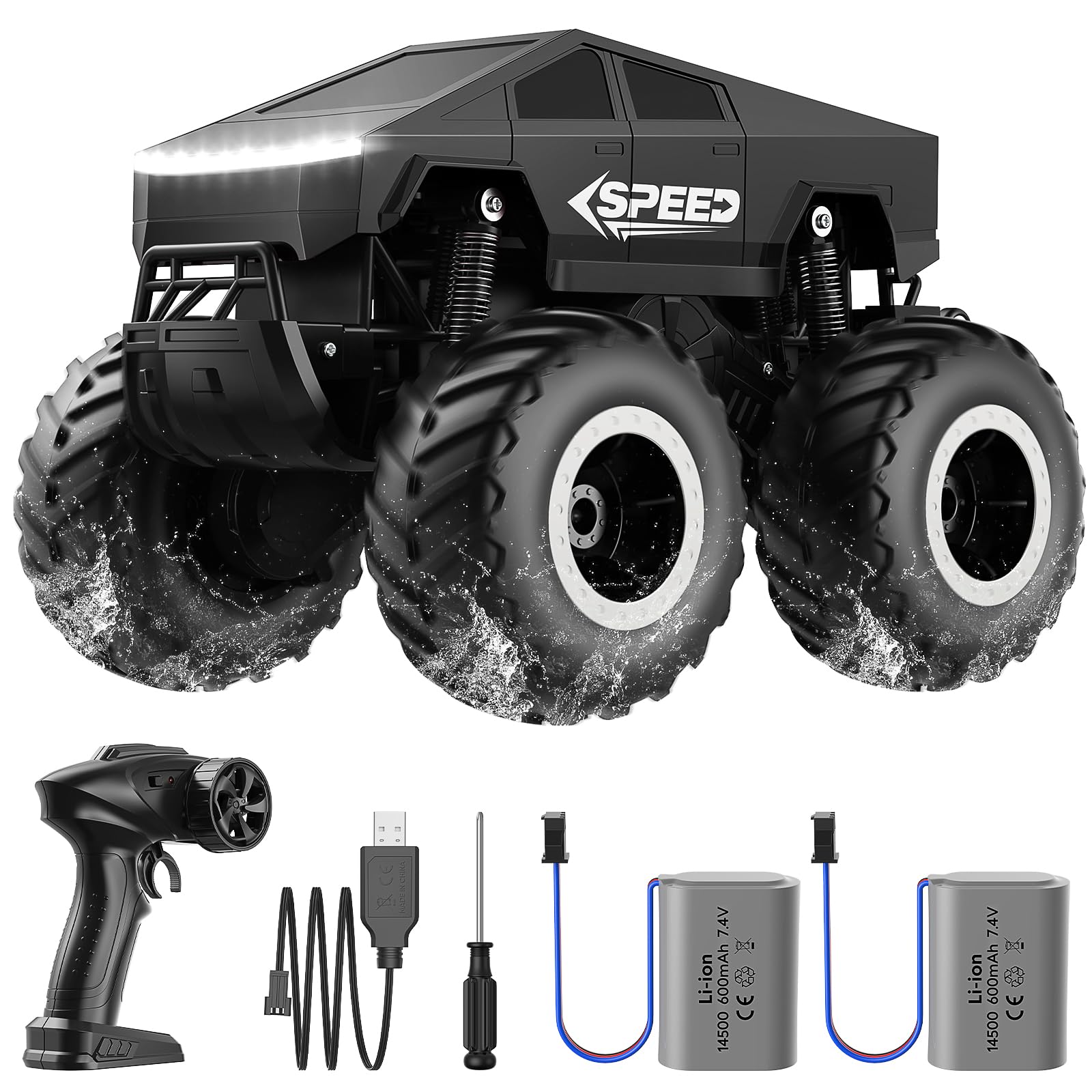Photo 1 of **FOR PARTS ONLY/VERY DAMAGED** WayEee RC Car Kids Toys for Ages 6+, Remote Control Car Waterproof Monster Truck, Amphibious 4WD All Terrain Off-Road Pickup, 1:16 Scale, 2.4GHZ Vehicles, Boys Christmas Kids Birthday Gift/Black