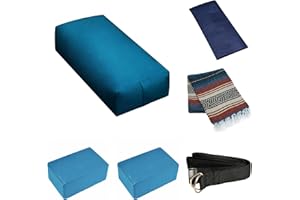 Sunshine Yoga 6-Pack Restorative Yoga Kit, 1 Yoga Bolster (24" x 12" x 6"), 2 Yoga Blocks (4" x 6" x 9"), 1 6ft D-Ring Yoga Strap, 1 Mexican Yoga Blanket, and 1 Unscented Sateen Eye Pillow