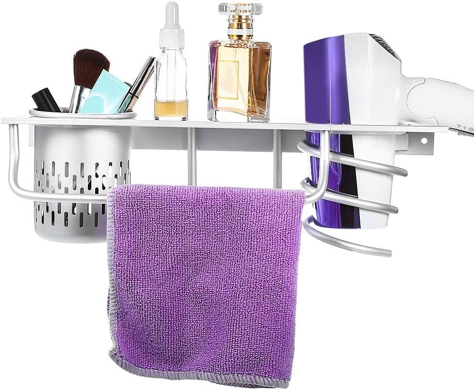 Wall Mounted Bathroom Shelf Hair Dryer Holder Robe Hooks with Cup for Comb Socket Plug Holder Bathroom Washroom Accessories Storage Organizer Set