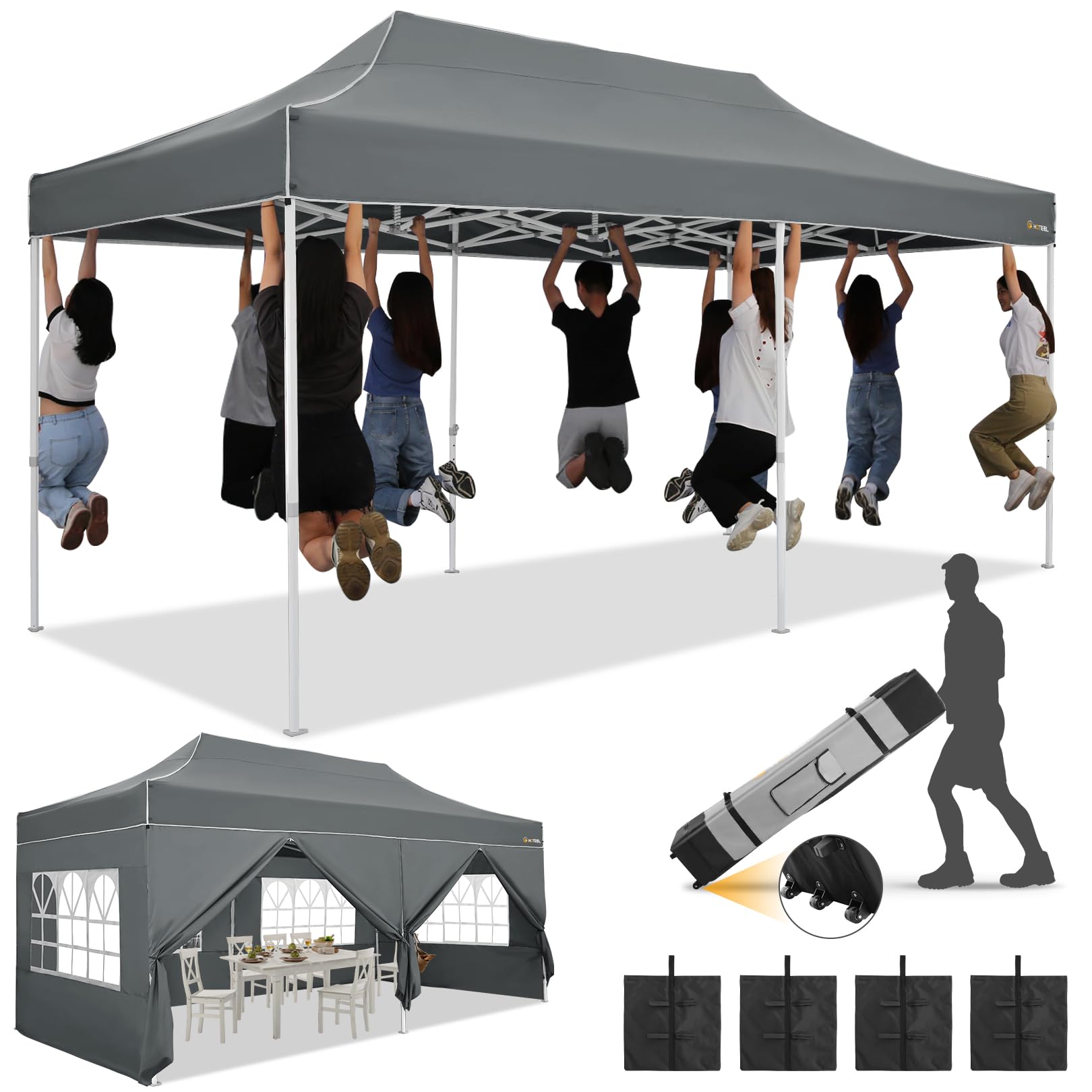HOTEEL 10×20 Heavy Duty Pop Up Canopy Tent with Sidewalls, Commercial Outdoor Canopy Tents for Parties Event Wedding with Roller Bag, Waterproof & UV 50+, Upgraded Thickened Hexagonal Legs, Gray