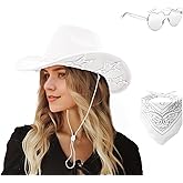 SHENYI Cowgirl Hat and Bandana and Heart Sunglasses Glitter Rhinestone Star Cowboy Hat Western Sparkly Hats for Women Men