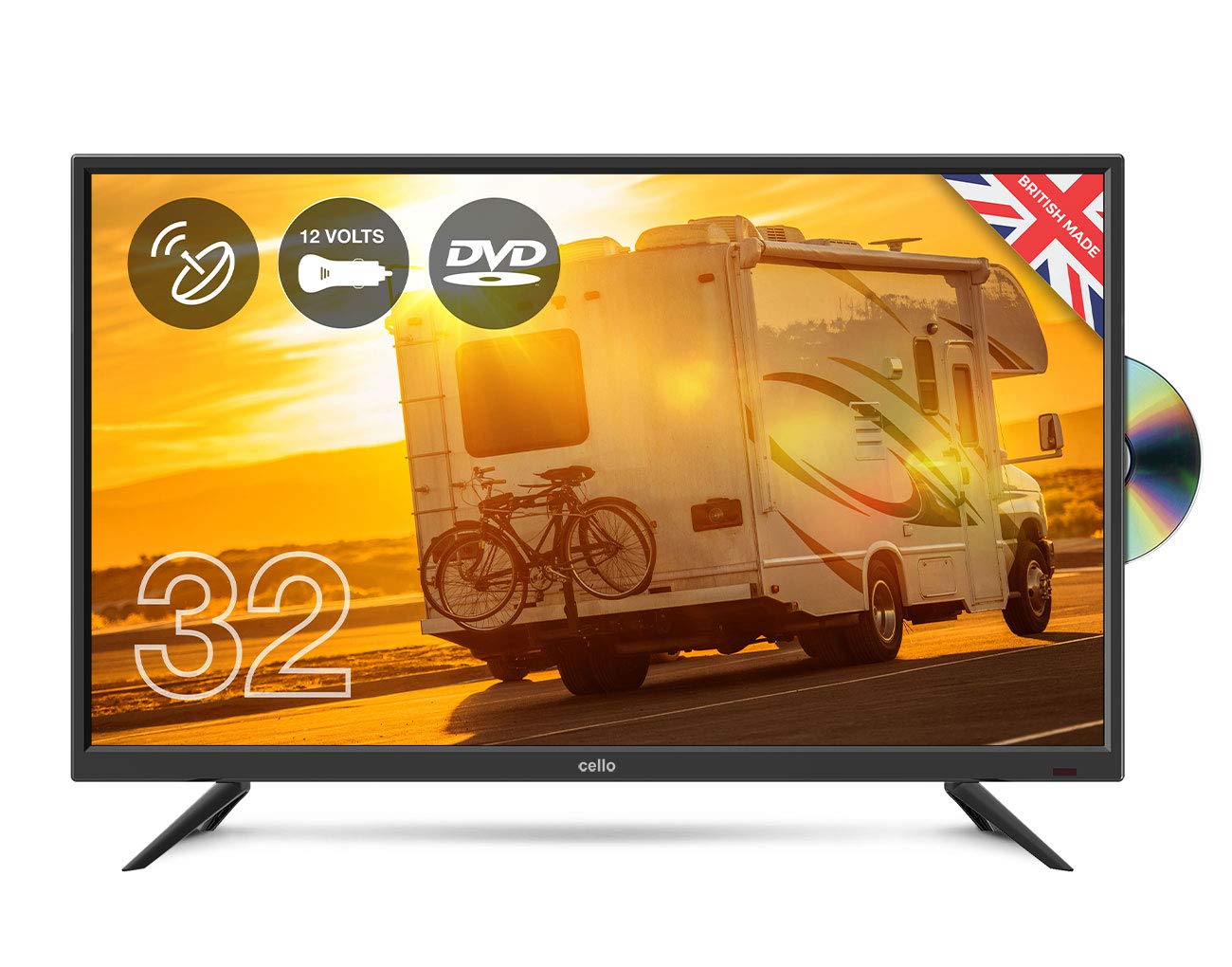 Cello 12 volt and mains 32" inch C32F Traveller LED TV with Built in DVD and Satellite receiver Freeview HD HDMI and USB 2.0. Suitable for caravans, boats and HGVs Made in the UK