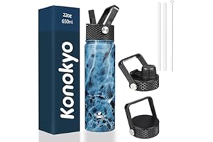 Konokyo 22oz Stainless Steel Bottles with 3 Lids Sport Insulated Water Bottle,Marble Ocean