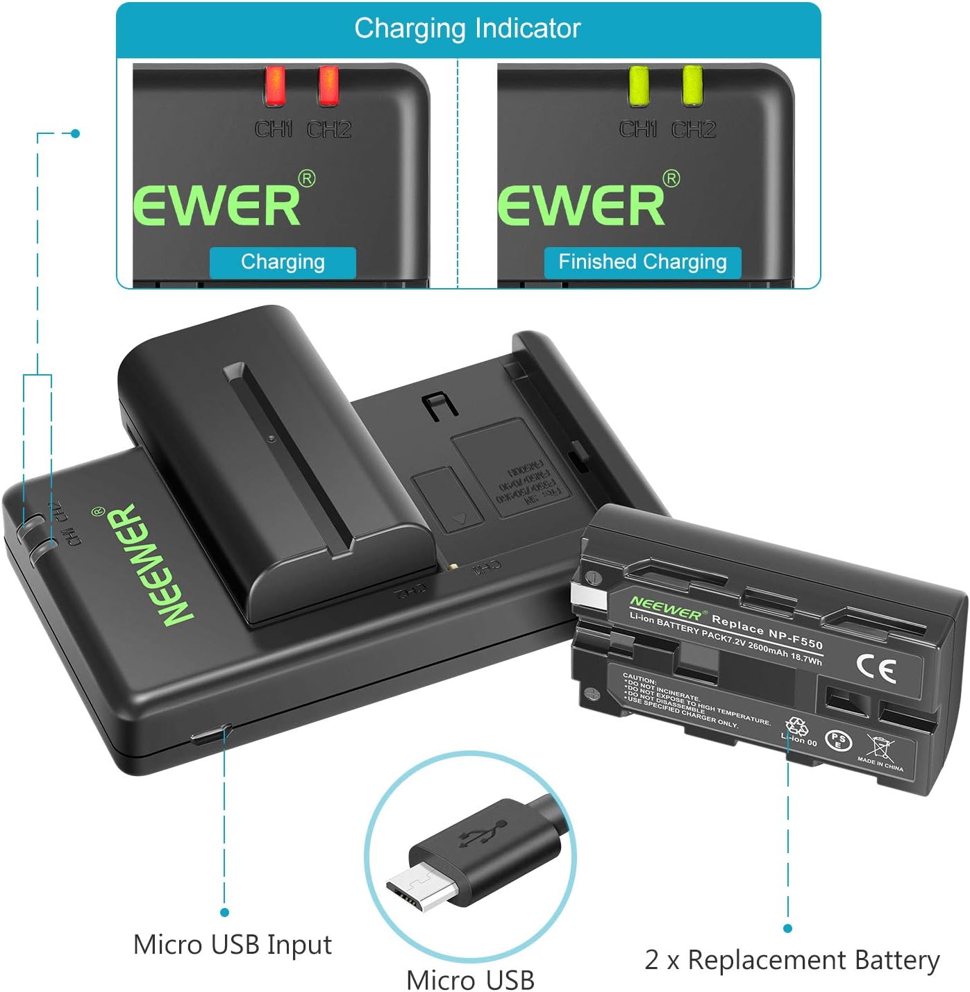 Neewer NP-F550 Battery Charger Set for Sony NP F970,F750,F960,F530,F570,CCD-SC55,TR516,TR716,and More (2-Pack Replacement Battery, Dual Slot Charger): Camera & Photo