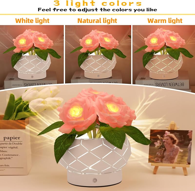 Lampada touch a forma di fiore di girasole, lampada da tavolo senza fili ricaricabile, 3 colori, dimmerabile,regalo per la mamma per San Valentino, festa della mamma (Rose-6)