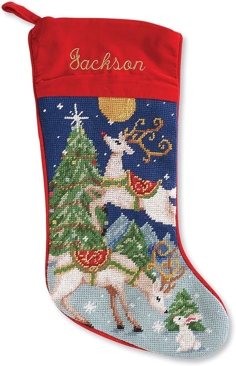 Stockings & Holders - Lillian Vernon Personalized Needlepoint Reindeer Stocking - Heirloom Christmas Stocking, 100% Wool, 9.5” W x 17” L