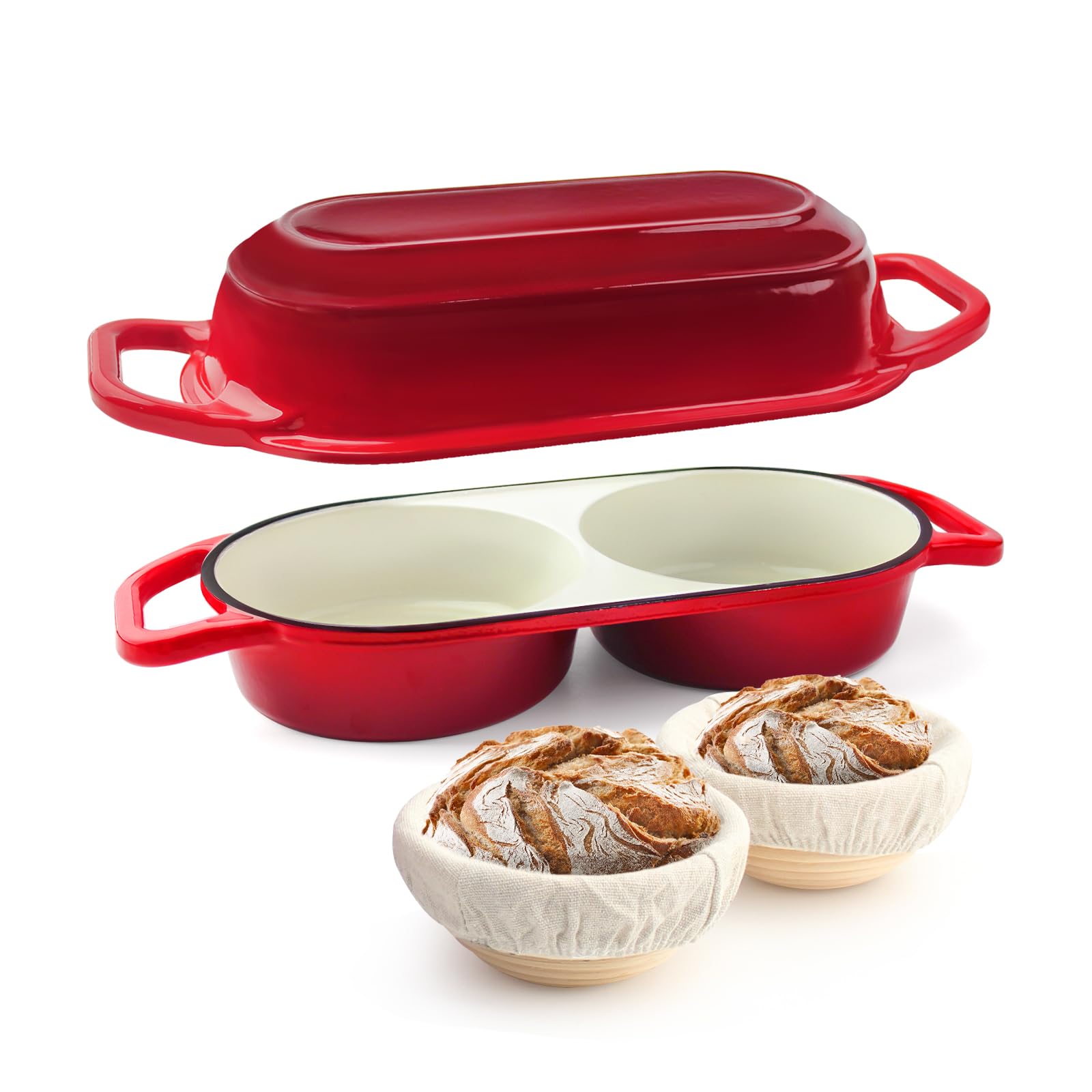 Photo 1 of YONILL Mini Double Dutch Oven for Sourdough Bread Baking - Enameled Cast Iron Dutch Oven Pot with Lid and 5" Banneton Bread Proofing Basket Kit, Dual Round Bread Loaf Pan for Homemade Baking (Red)
