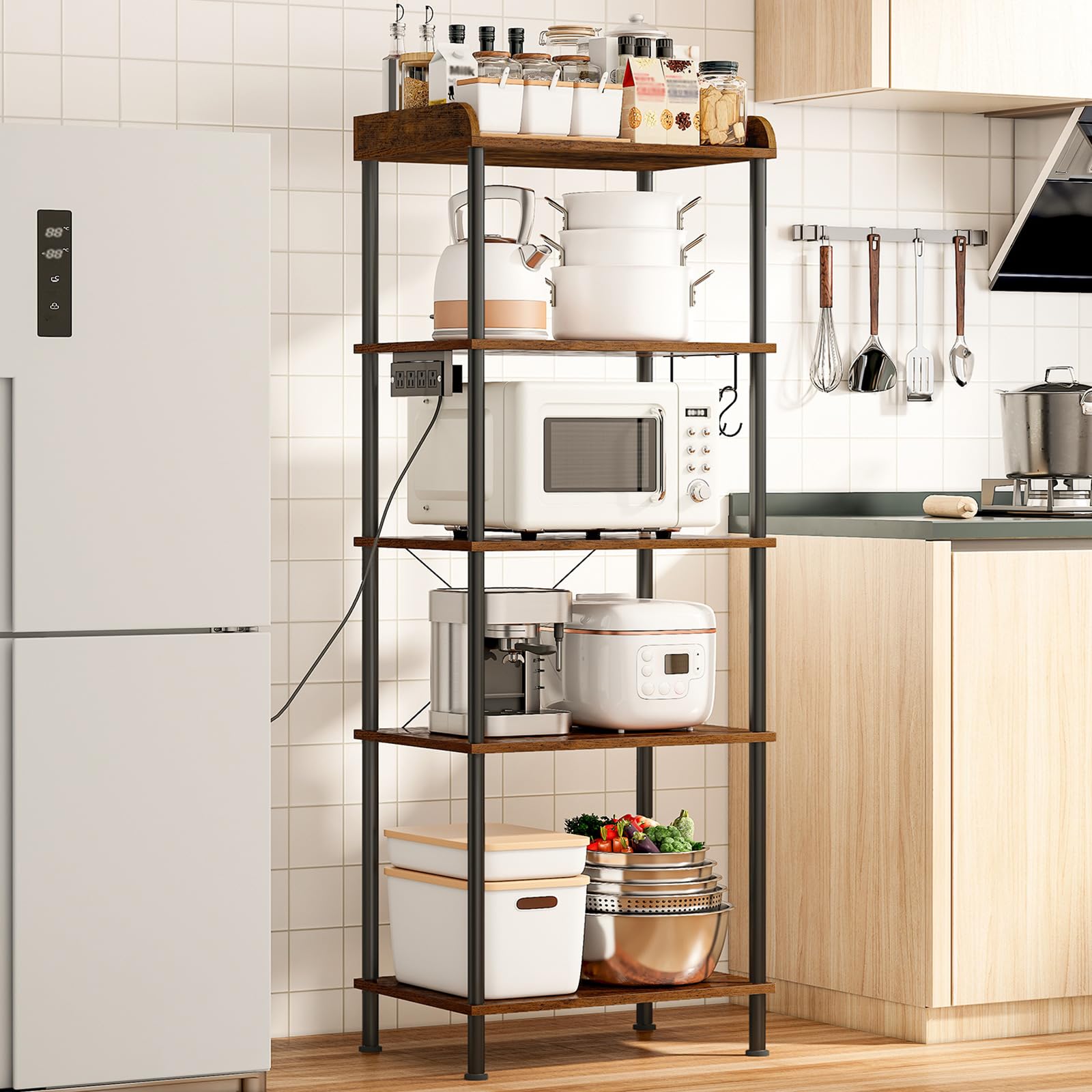 Photo 1 of HOOBRO Kitchen Bakers Rack with Power Outlet, 5-Tier Free Standing Kitchen Storage Shelf Rack, Microwave Stand with 4 S-Shaped Hooks, Rustic Brown and Black BF55UHB01