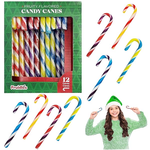 FRUIDLES CHRISTMAS CANDY CANES SUCKERS, MULTICOLORED RAINBOW FRUITY FLAVOR, INDIVIDUALLY WRAPPED (12-PACK)