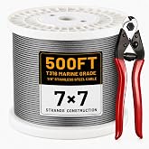 AHEONLAR 1/8" Stainless Steel Cable for Railing - 500FT T316 Wire Rope | 7x7 Strands with Cutter, 1850 LBS Breaking Strength for Deck Railing System, Stair Fence Indoor Outdoor Use, Silver