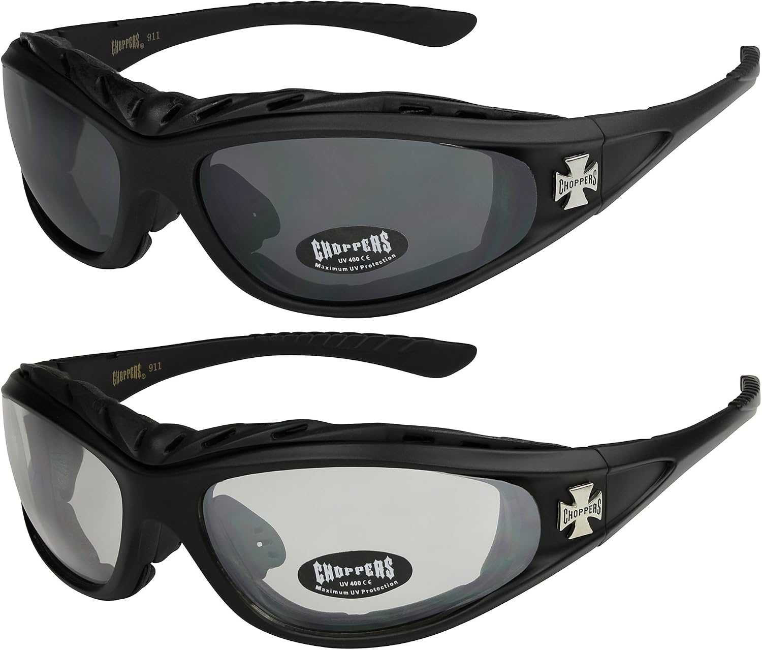 X-CRUZE Choppers 2-Pack 911 Foam Padded Sunglasses Goggles Motorcycle Sport Bike Glasses Clear Lens Lenses Men Woman Men's Women's Unisex