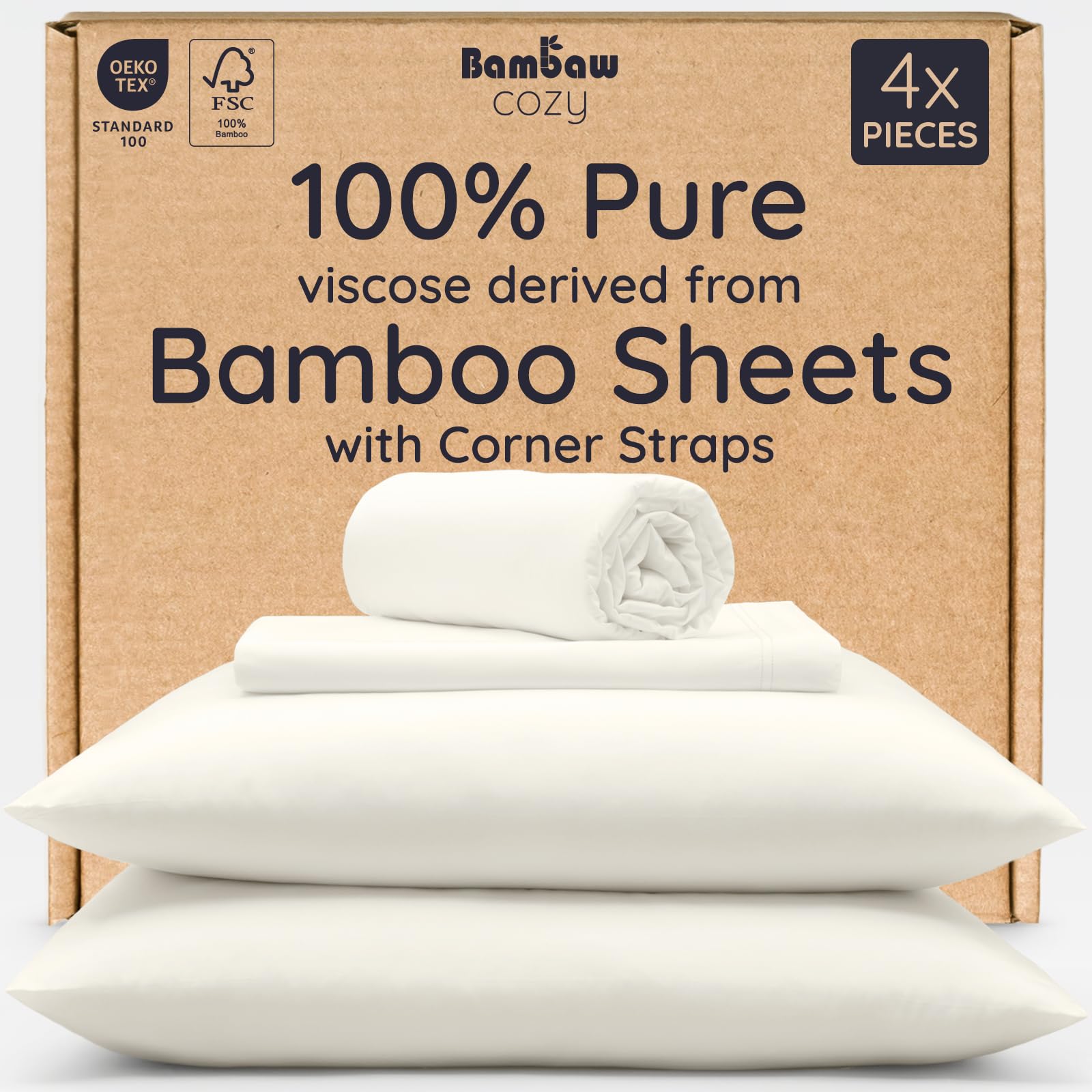 Photo 1 of Bambaw 100% Viscose Derived from Bamboo Queen Size Sheet Set - 4pcs Cooling Sheets for Hot Sleepers, Soft Deep Pocket Queen Sheets Fits Up to 16'' with Elastic Corner Straps (Ivory)