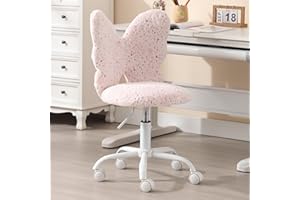 Kmax Kids Desk Chair, Faux Fur Butterfly Chair with Wheels Adjustable Fuzzy Kids Office Chair Cute Swivel Childrens Chair for Bedroom Reading Room - Pink