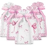 Blosssound 48 Pcs Valentine's Day Pink Bow Theme Bags 9 x 6 Inch Coquette Drawstring Plastic Treat Gift Goodie Candy Bag Bulk for Birthday Weddings Bridal Shower Engagement Party Supplies