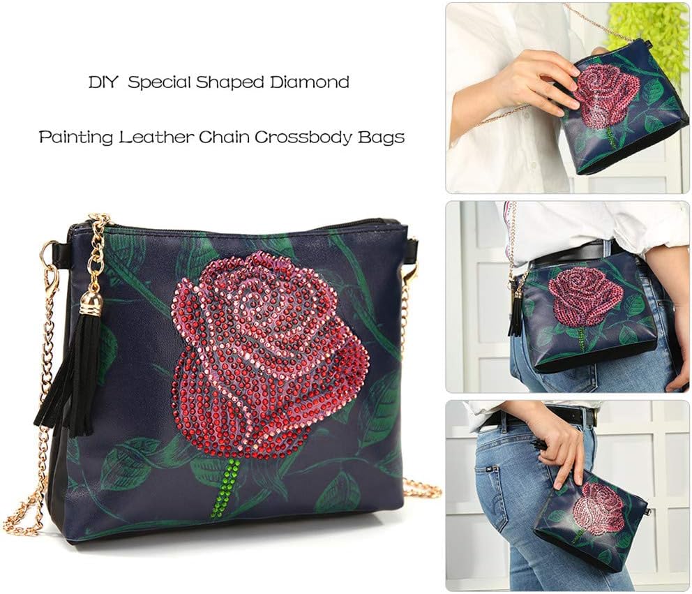 VETPW DIY 5D Rose Flower Diamond Art Painting Crossbody Handbag with Chain, Diamond Art Leather Coin Purse Pouch Wallet - Image 3