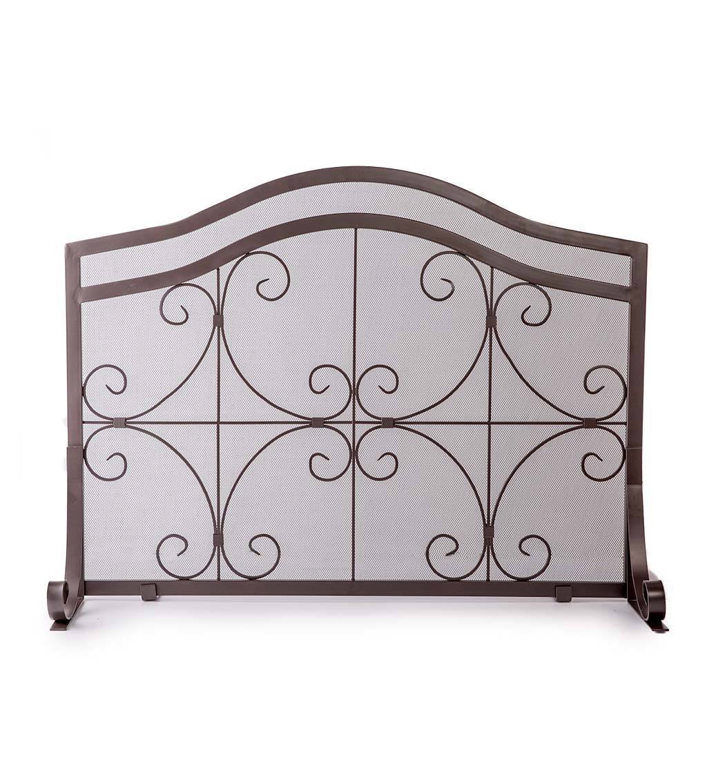 Plow & Hearth Small Crest Flat Guard Fireplace Screen, Solid Wrought Iron Frame with Metal Mesh, Decorative Scroll Design, Free Standing Spark Guard 38 W x 31 H x 13 D, Copper Finish