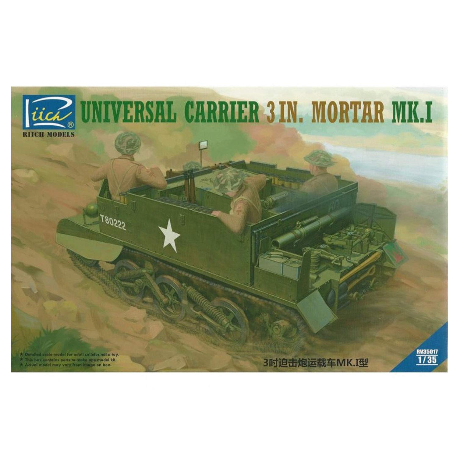 Riich Models RV35017, model kit universal carrier 3 in. Mortar Mk.1.
