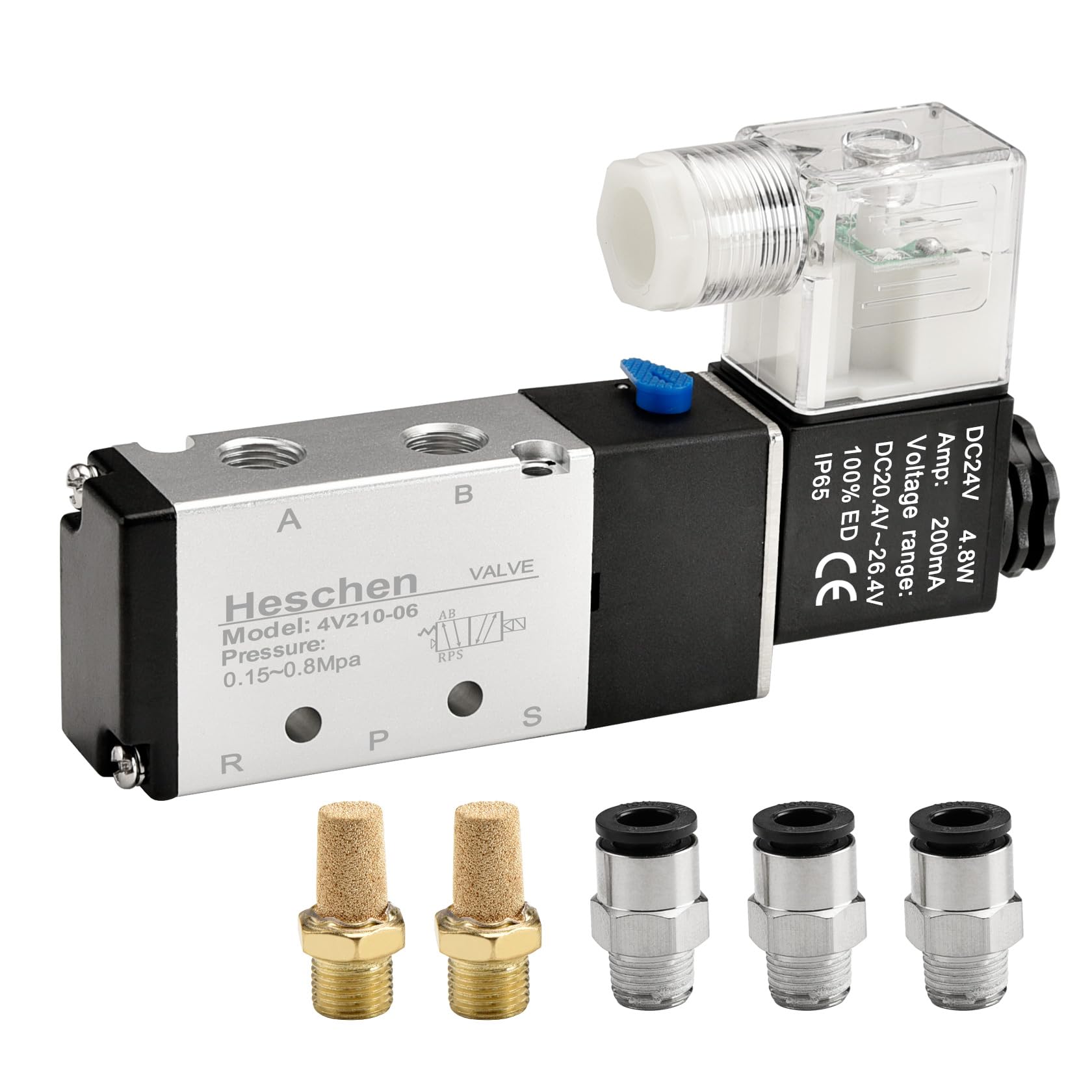Heschen Electrical Pneumatic Solenoid Valve 4V210-06 24VDC PT1/8 5 Way 2 Position Single Coil Pilot-Operated Electric CE with Fittings and Muffler