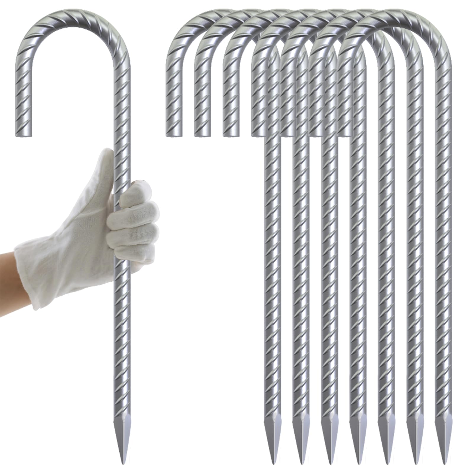 Photo 1 of AAGUT 12 Inch Galvanized Rebar Tent Stakes 3/8" J Hook 8 Pack, Chain Link Fence Stakes Canopy Yard Landscape Garden Staples, Heavy Duty Metal Steel Ground Anchors