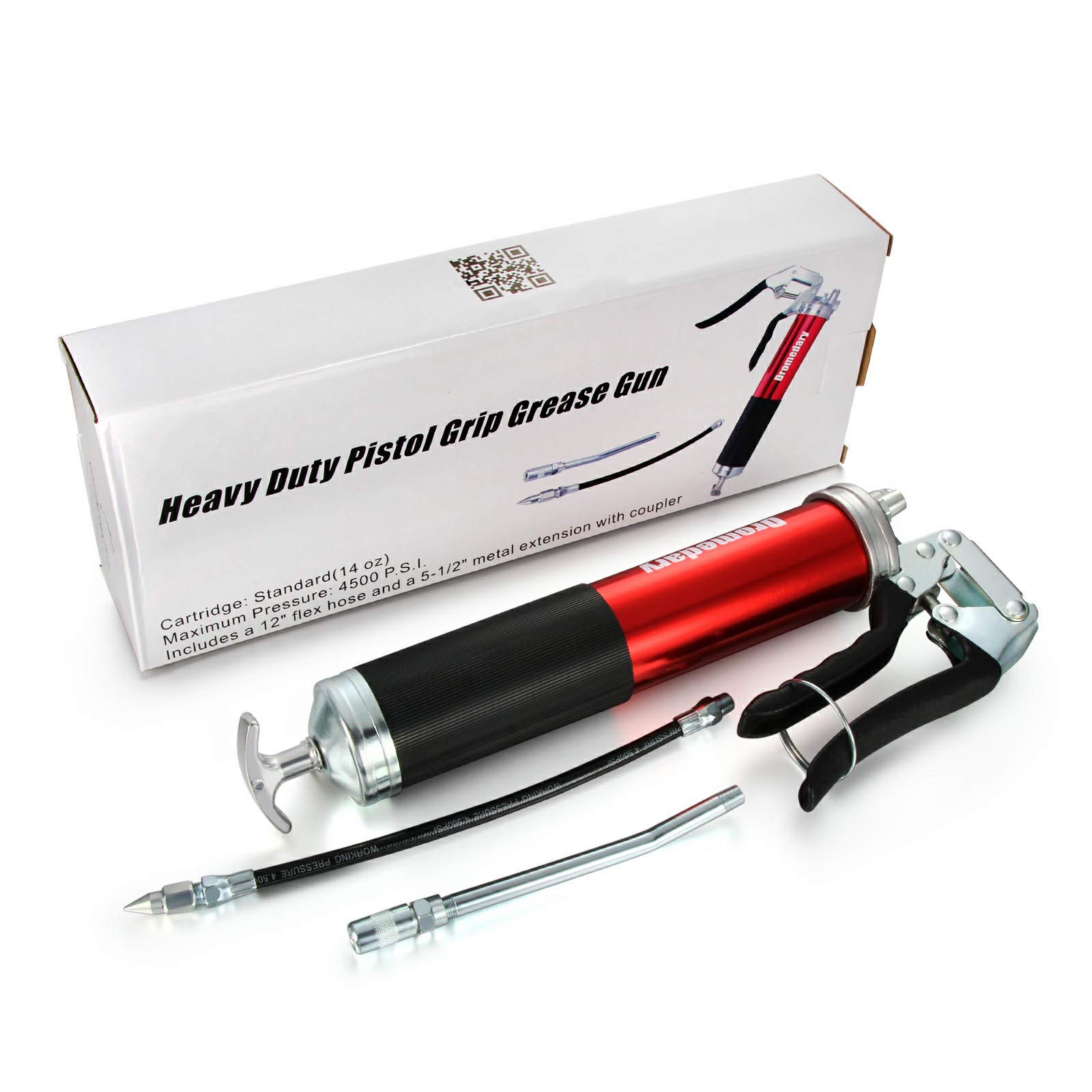 Twilight Garage 4500 PSI Anodized Pistol Grip Heavy Duty Grease Gun 400cc Standard 14oz Cartridges with 12 inch Flex Hose & 5-1/2" Metal Extension
