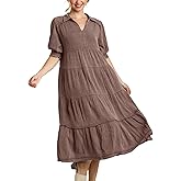 chouyatou Women's Vintage Polo Collared Ruffle Tiered Dress Short Sleeve Babydoll Swing Midi Long Dress