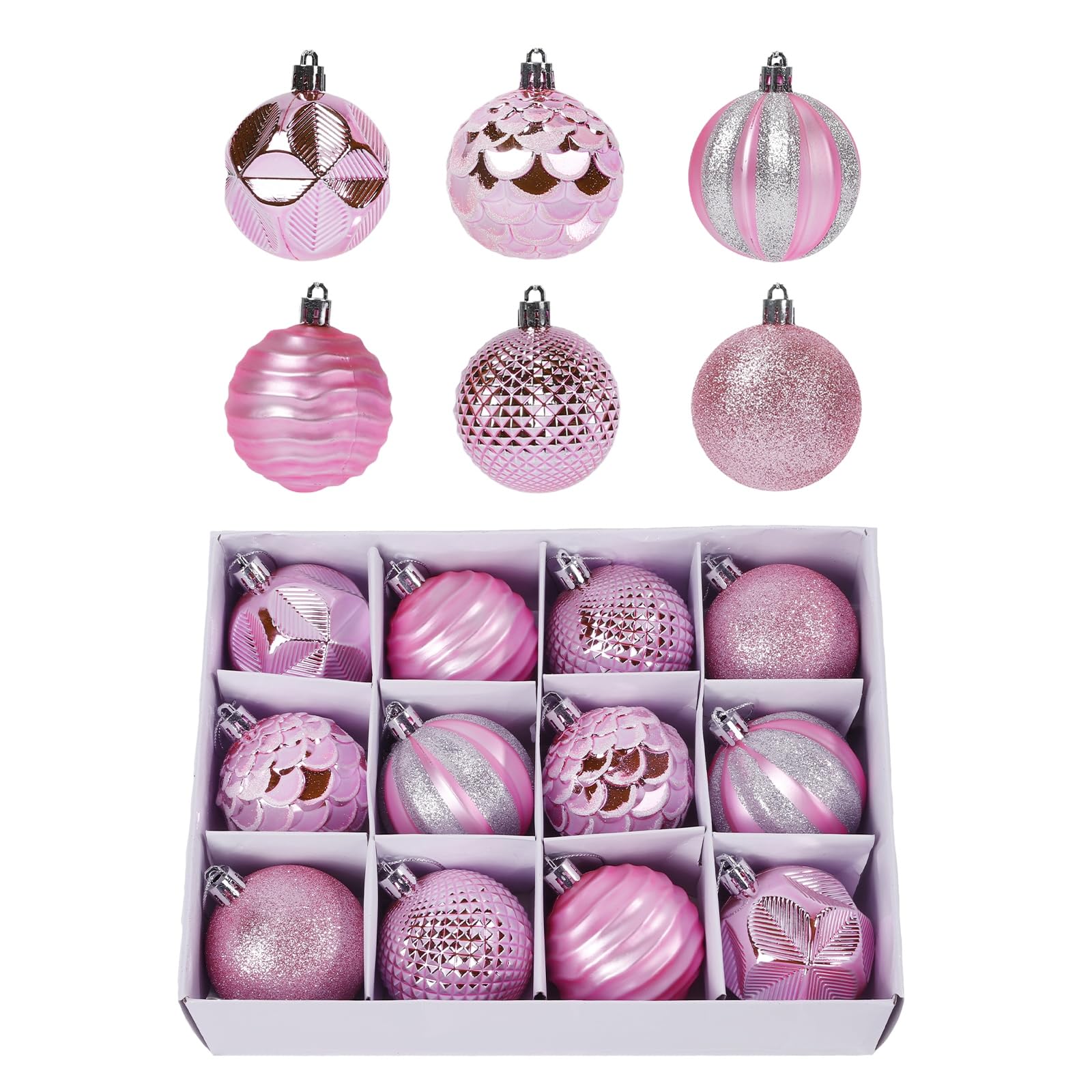Photo 1 of 12Pcs Christmas Ball Ornaments Pink Shatterproof Decorations Bulk Balls 2.36 Inches Hanging