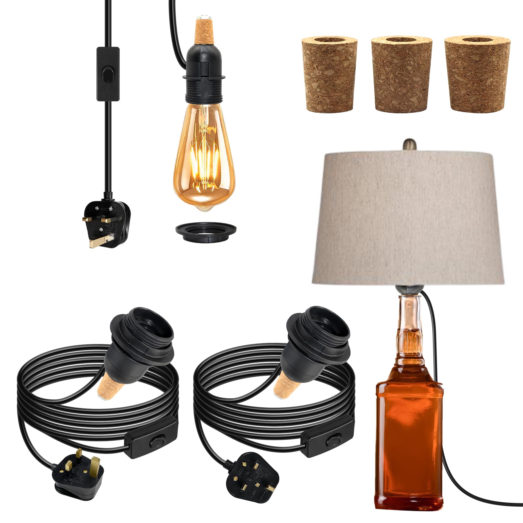 DIY Lamp Kit for Wine Bottles - 2Pcs Black E27 Table Lamp Fittings With 8Ft Plug-in Cord, 3 Types Bung for Various Bottles - Install Lampshade — image 1