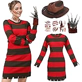 6PCS Scary Halloween Costume for Women Knitted Sweater Dress Hat Glove Stickers Scary Halloween Cosplay Outfit Adults