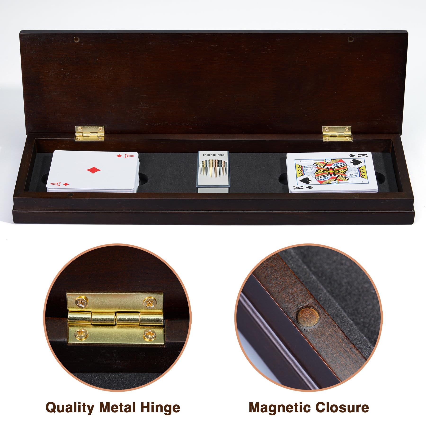 VAMSLOVE Wooden Cribbage Board Game Magnetic 3-Track Scoreboard with Large Slots for Storing 2 Playing Cards and 9 Metal Pegs, Travel Family Game Night (Instruction Included